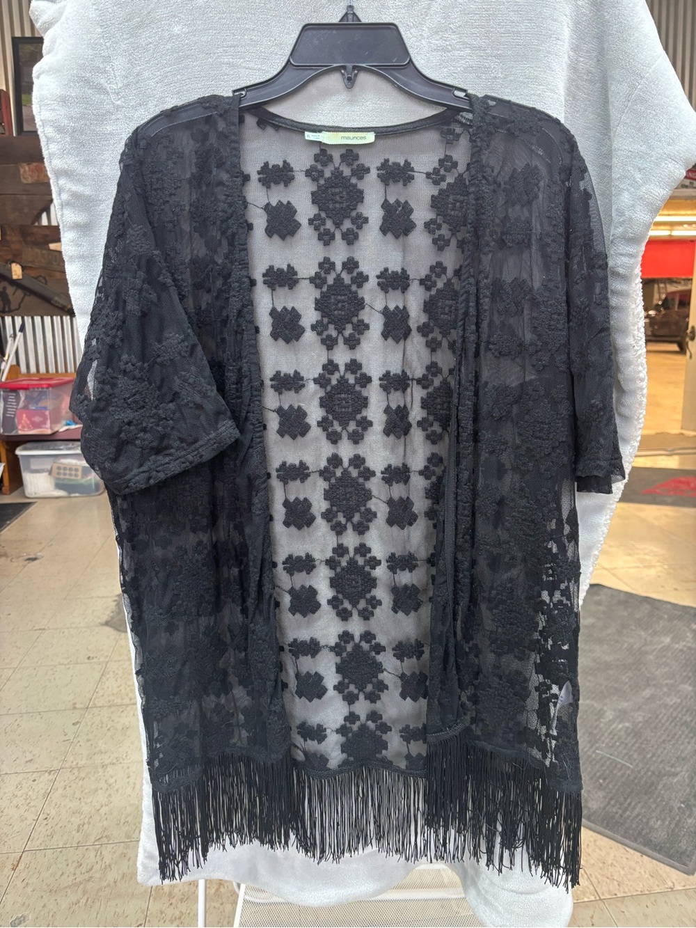 Maurices Black Lace Fringe Open-Front Kimono